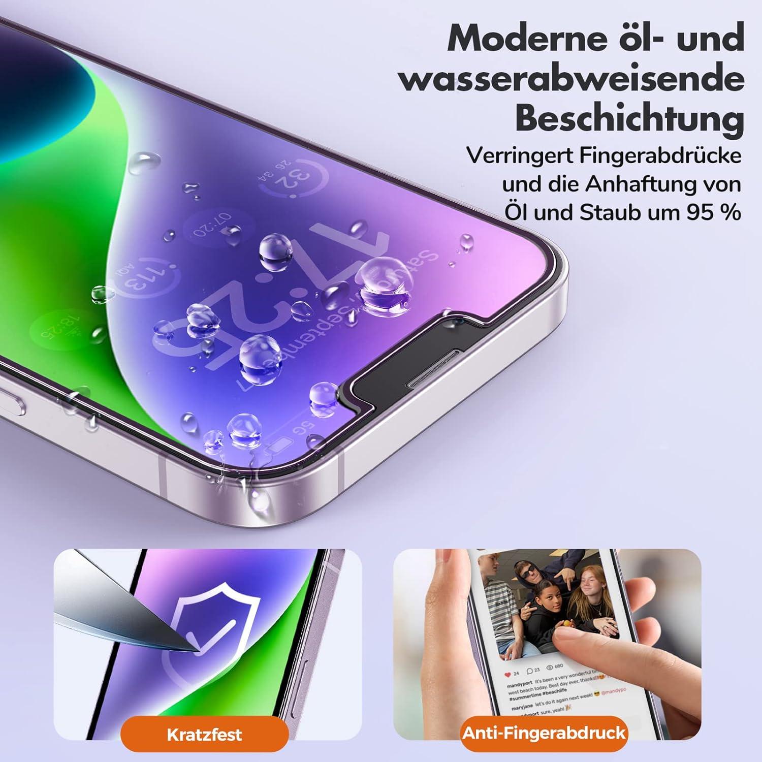 Schutzfolie für iPhone 14, 13, 13 Pro, 9H Härte, 6,1 Zoll, 3 Stück
