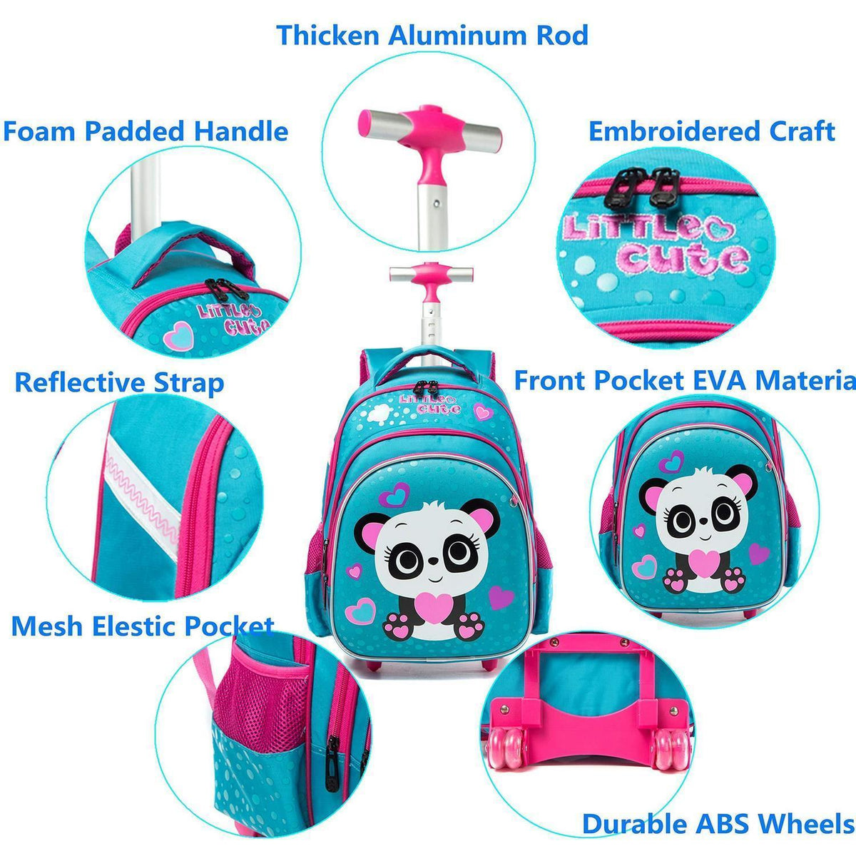 Kinder Rollrucksack mit Rädern – Blauer Panda Set