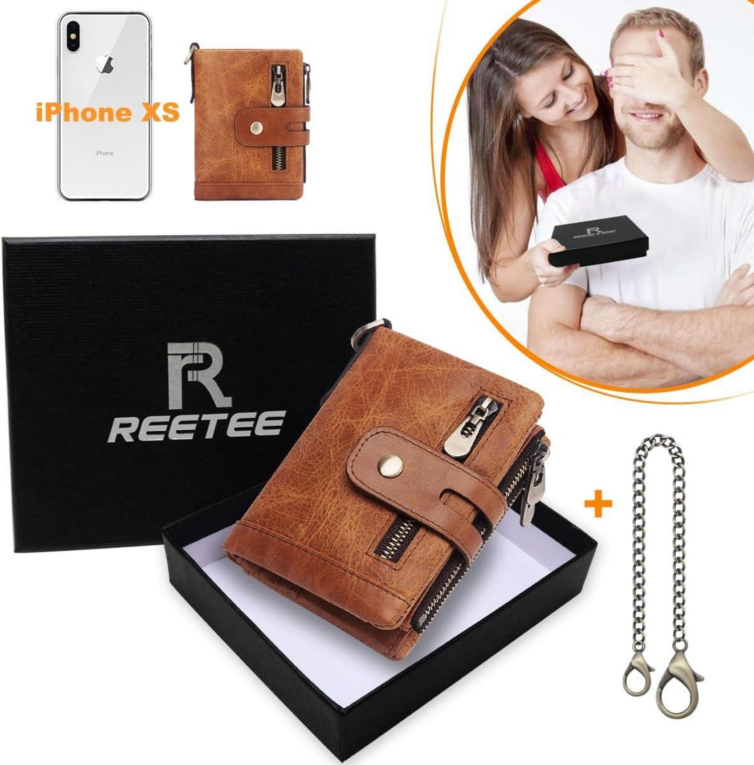 Herren RFID Geldbörse Ledergeldbeutel Kette Münzfach 16 Karten Hellbraun