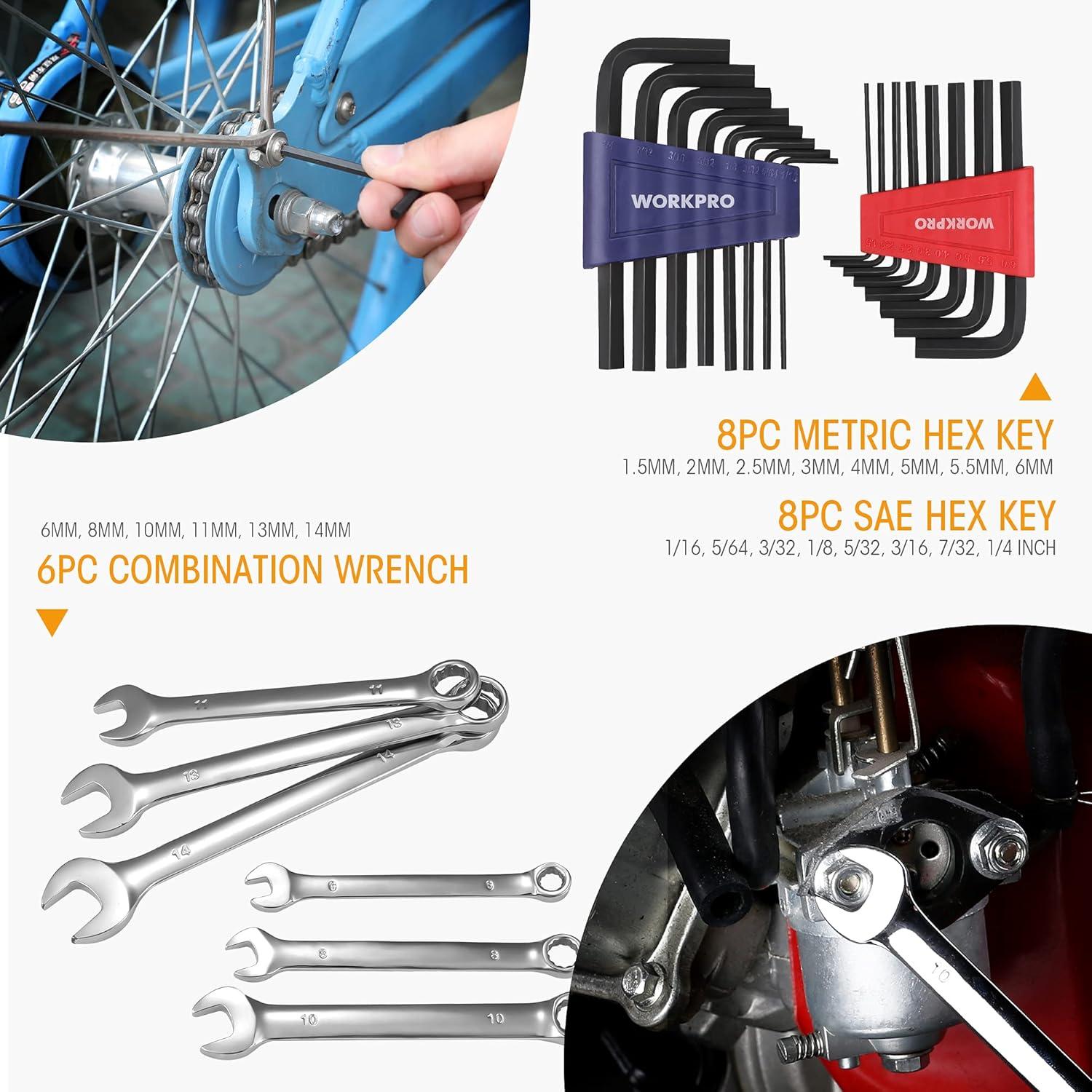 WORKPRO Universal Werkzeugset 156-teilig in Tasche; Zange, Schlüssel, Bits, Wasserwaage, Maßband, Hammer