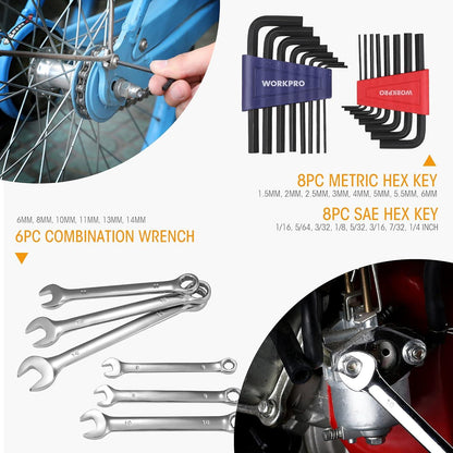 WORKPRO Universal Werkzeugset 156-teilig in Tasche; Zange, Schlüssel, Bits, Wasserwaage, Maßband, Hammer