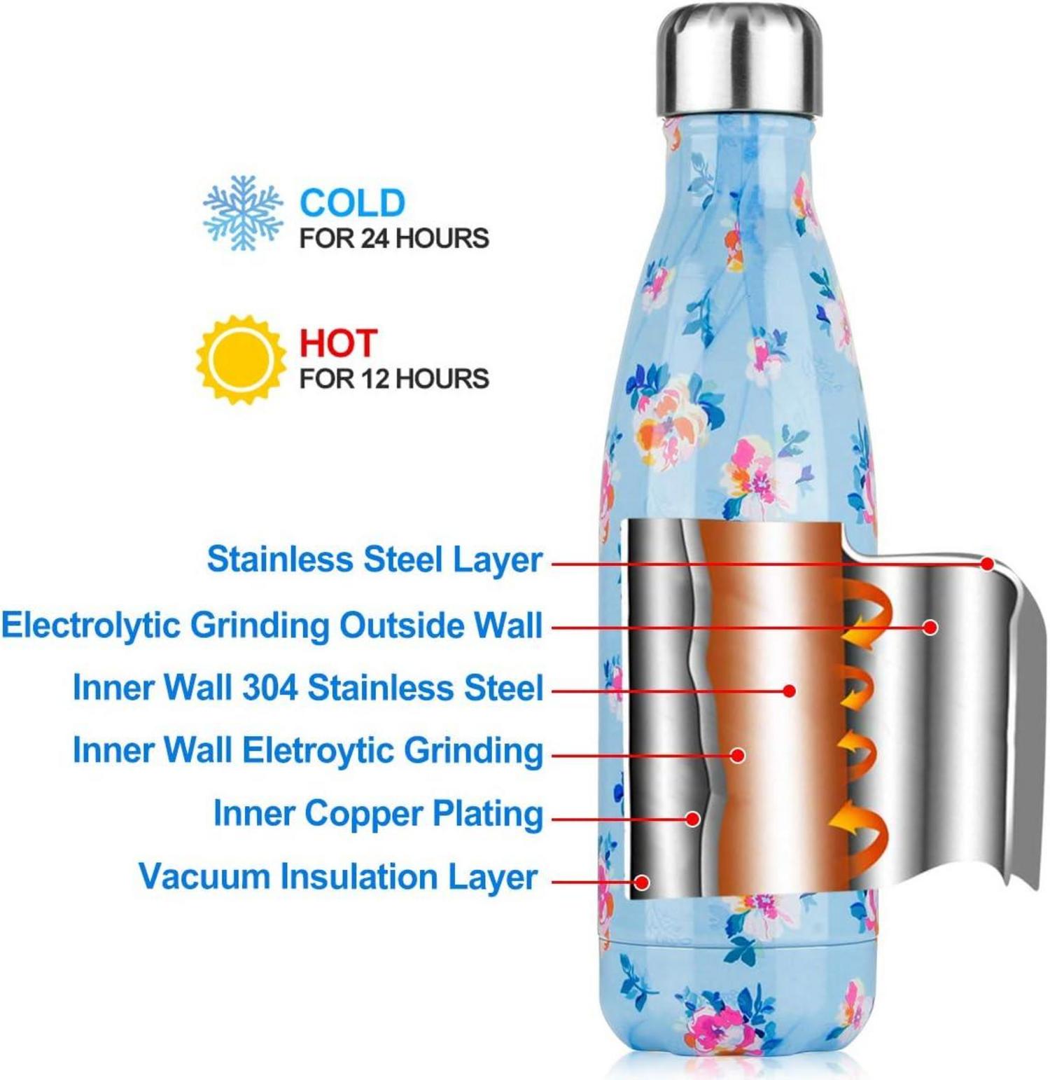Isolier-Trinkflasche Vakuum Edelstahl 500ml Blaue Blumen