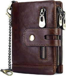 Herren Geldbörse RFID Schutz Ledergeldbeutel mit Kette Münzfach