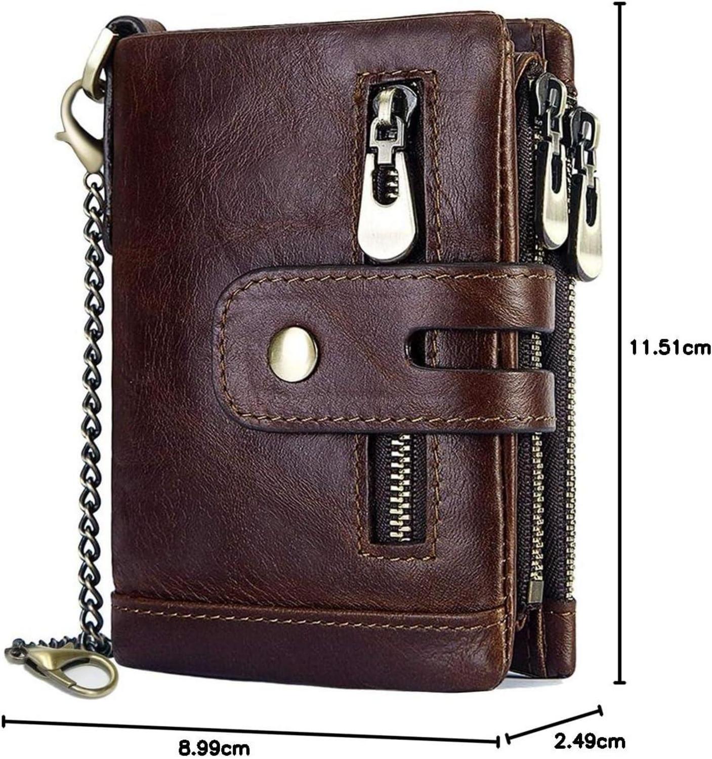 Herren Geldbörse RFID Schutz Männer Ledergeldbeutel mit Kette Falte Münzfach 16 Kartenfächer Brieftasche Kaffee