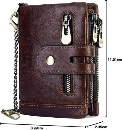 Herren Geldbörse RFID Schutz Männer Ledergeldbeutel mit Kette Falte Münzfach 16 Kartenfächer Brieftasche Kaffee