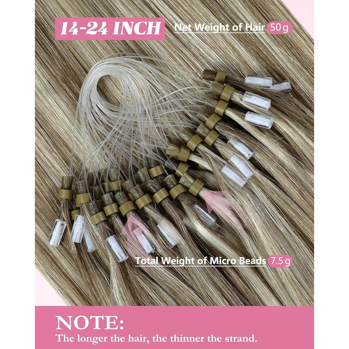 Echthaar Micro Ring Extensions Hellbraun mit Blond Highlights 60cm