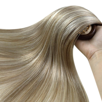 Echthaar Micro Ring Extensions Hellbraun mit Blond Highlights 60cm