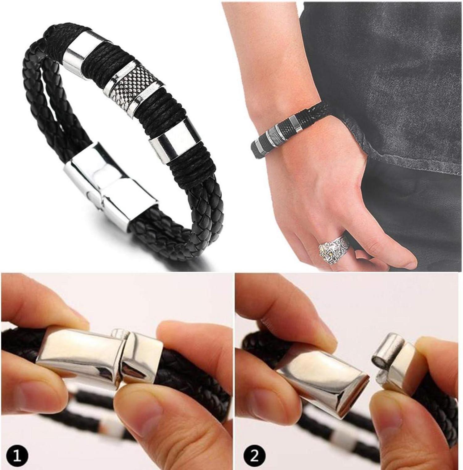 Herren Armband Leder Jugend Geschenk 20,5 cm Schwarz Magnetverschluss
