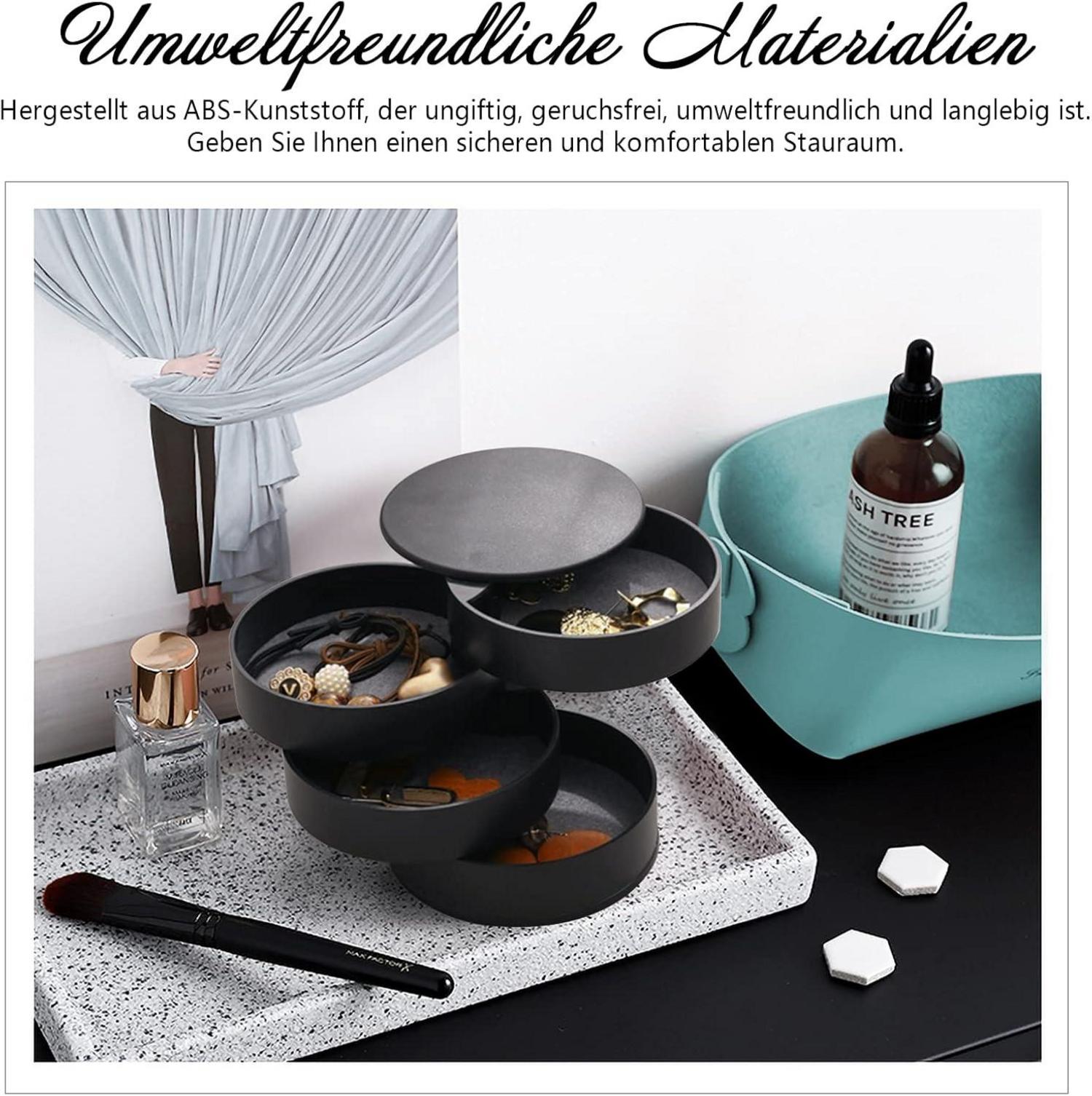 INMORVEN Schmuckkasten Mädchen Damen 4 Ebenen Drehbar Schmuckdose Ohrringe Halskette Schwarz
