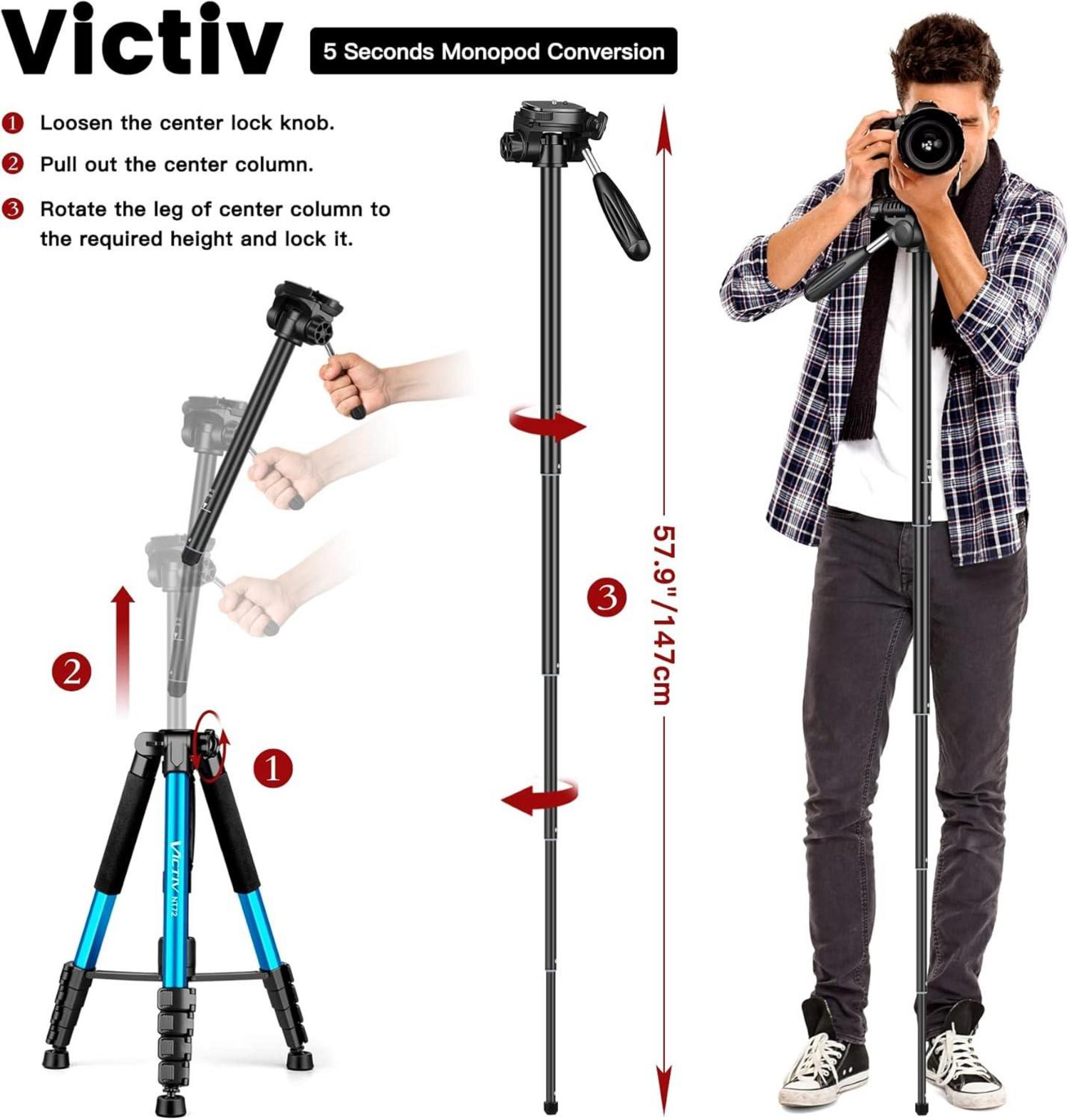 Kamerastativ Aluminium Einbeinstativ 182 cm T72 360° Panorama Blau