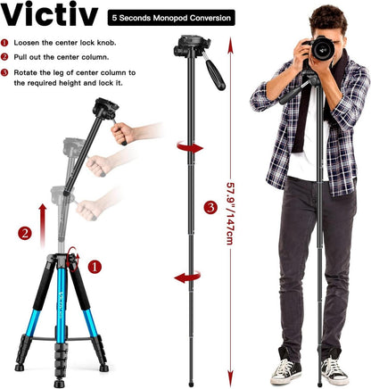 Kamerastativ Aluminium Einbeinstativ 182 cm T72 360° Panorama Blau
