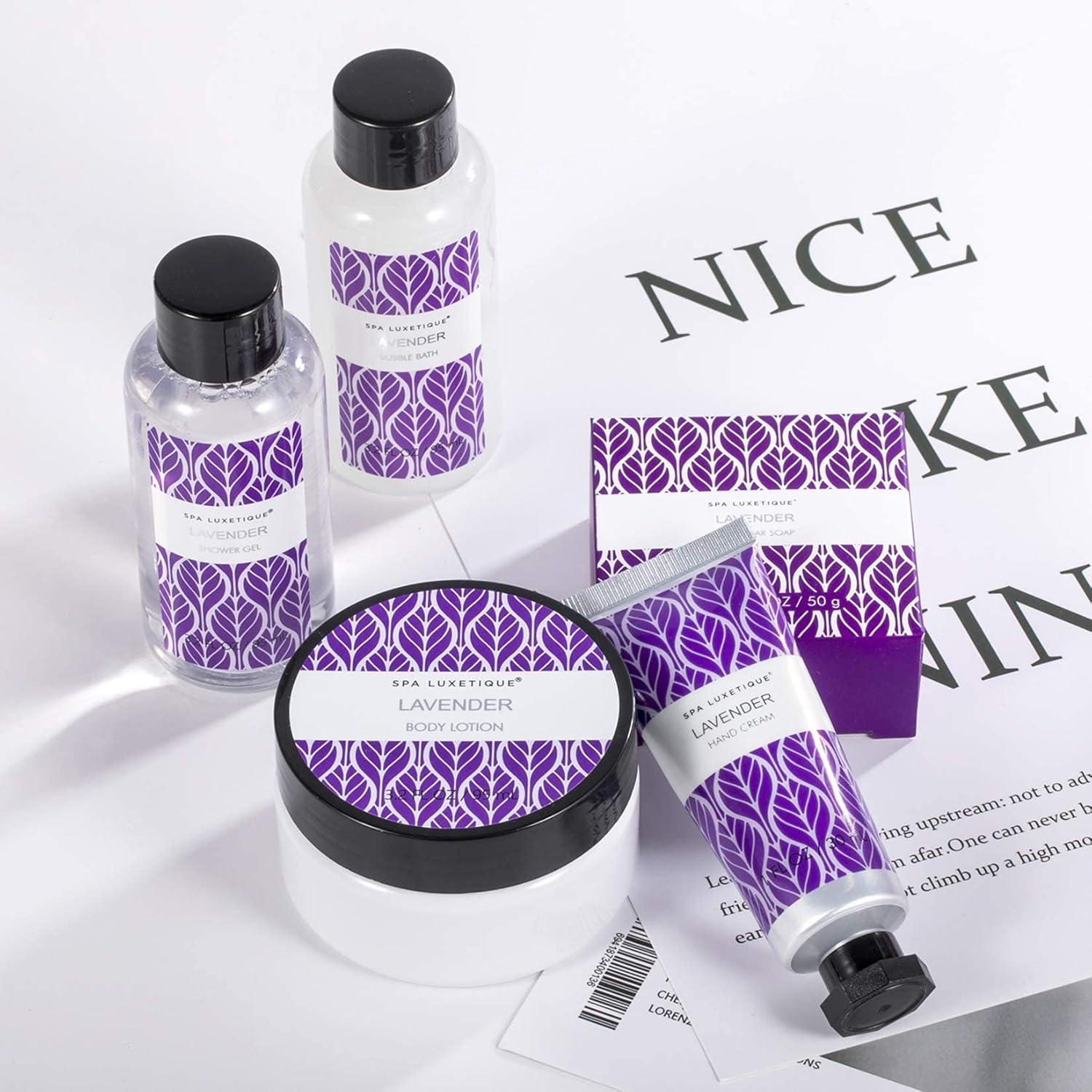 SPA LUXETIQUE Lavendel Pflegeset für Frauen 6-teilig - Reiseset mit Duschgel, Bodylotion, Schaumbad, Handcreme, Leinentasche