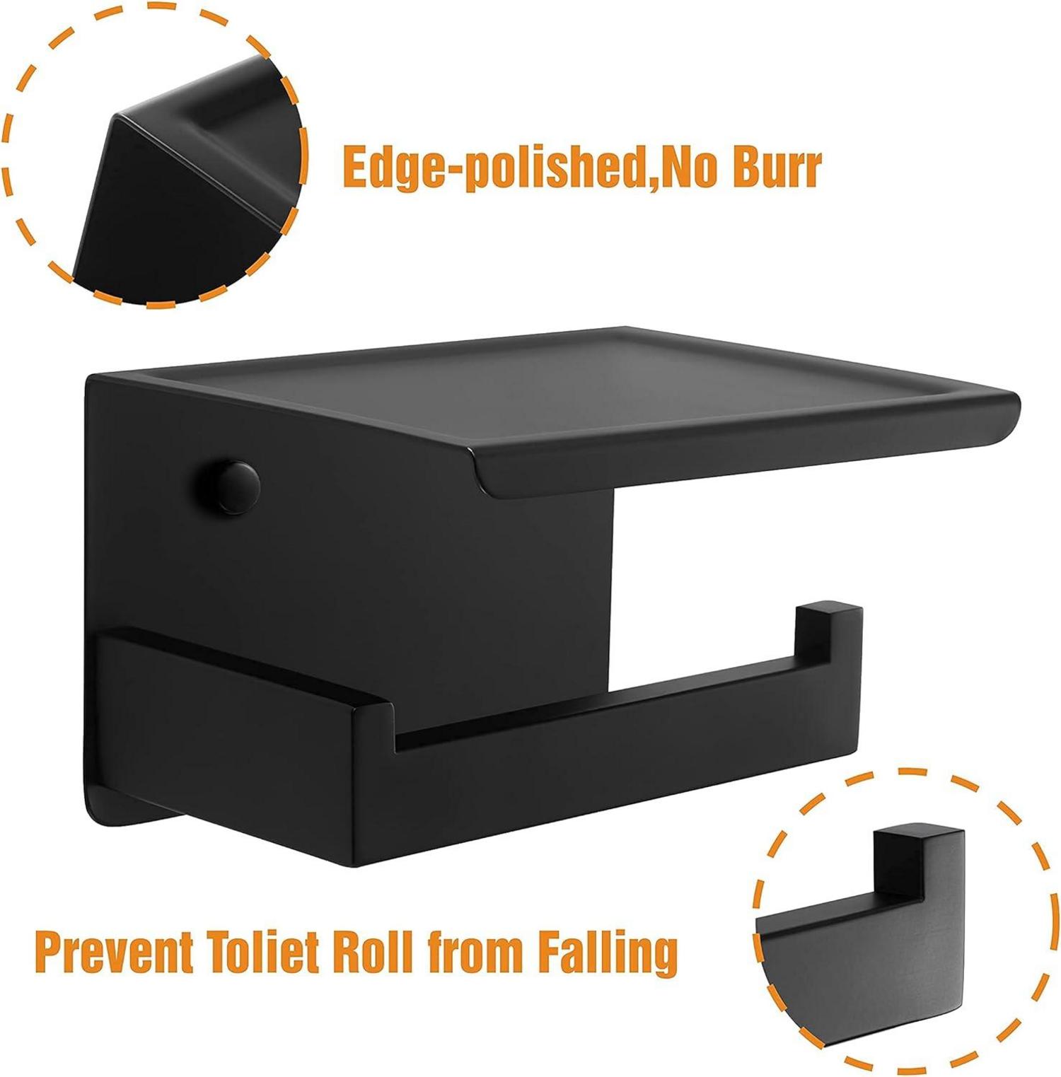 Toilettenpapierhalter ohne Bohren mit Ablage, Edelstahl Schwarz, Selbstklebend