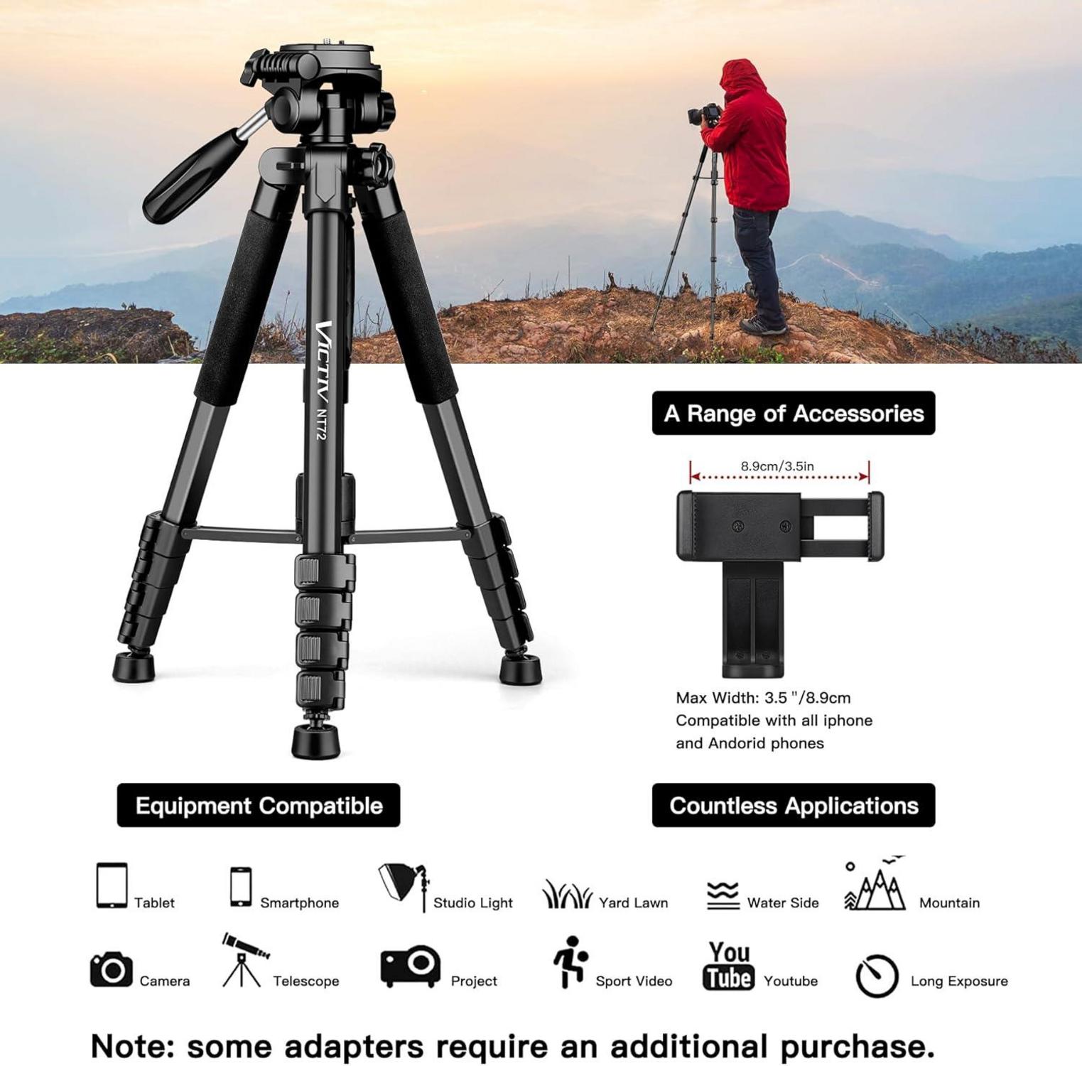 Victiv Stativ Kamera 182 cm Aluminium Reisestativ 360° Panorama Schwarz