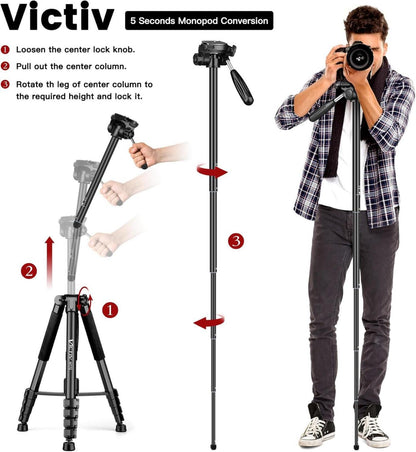 Stativ Kamera Aluminium Einbeinstativ T72 360° Panorama Schwarz
