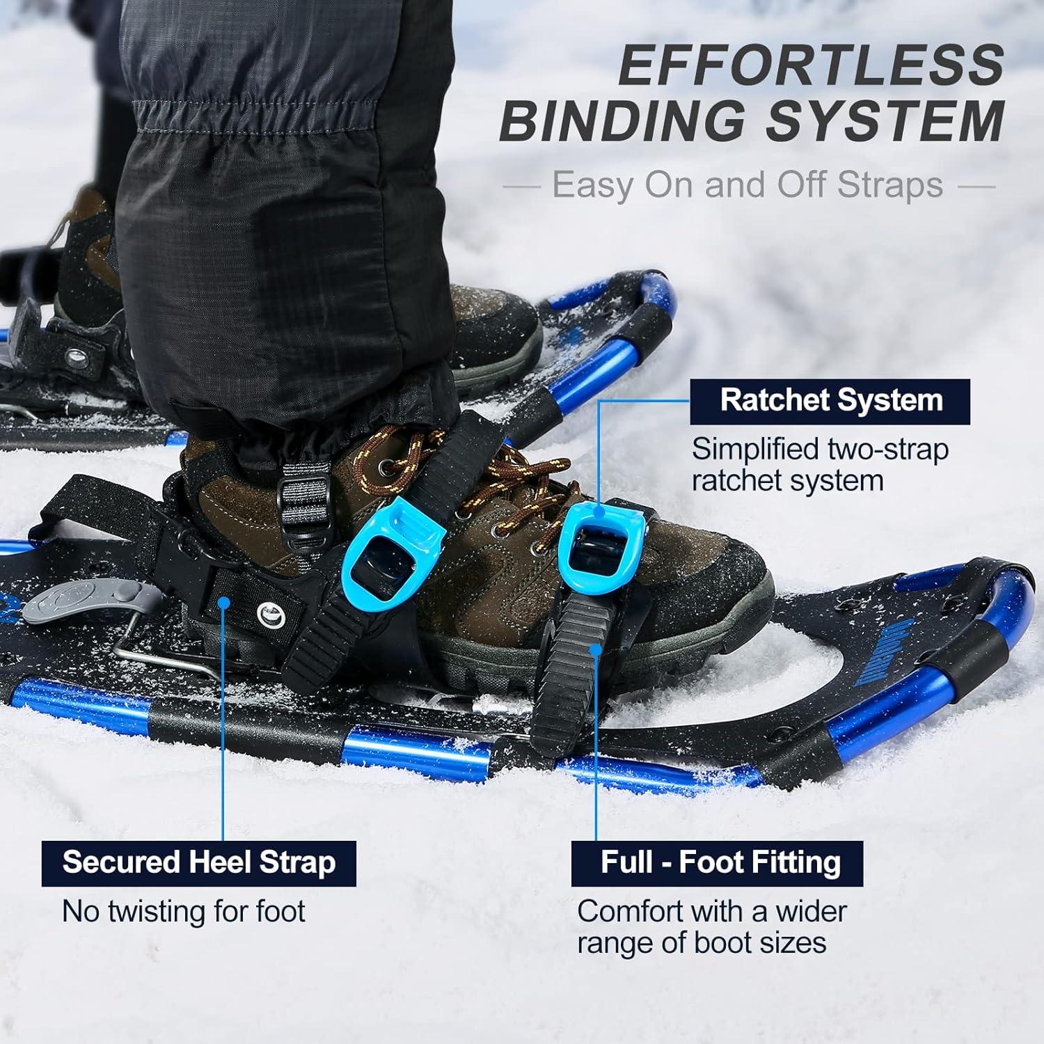 Odoland Schneeschuhe mit Steighilfe Allround 4 IN 1 für Damen und Herren, Wasserdicht, Wanderstöcke, Gamaschen, Tragetasche, Schuhgröße 21/25/30 inch