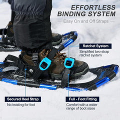 Odoland Schneeschuhe mit Steighilfe Allround 4 IN 1 für Damen und Herren, Wasserdicht, Wanderstöcke, Gamaschen, Tragetasche, Schuhgröße 21/25/30 inch