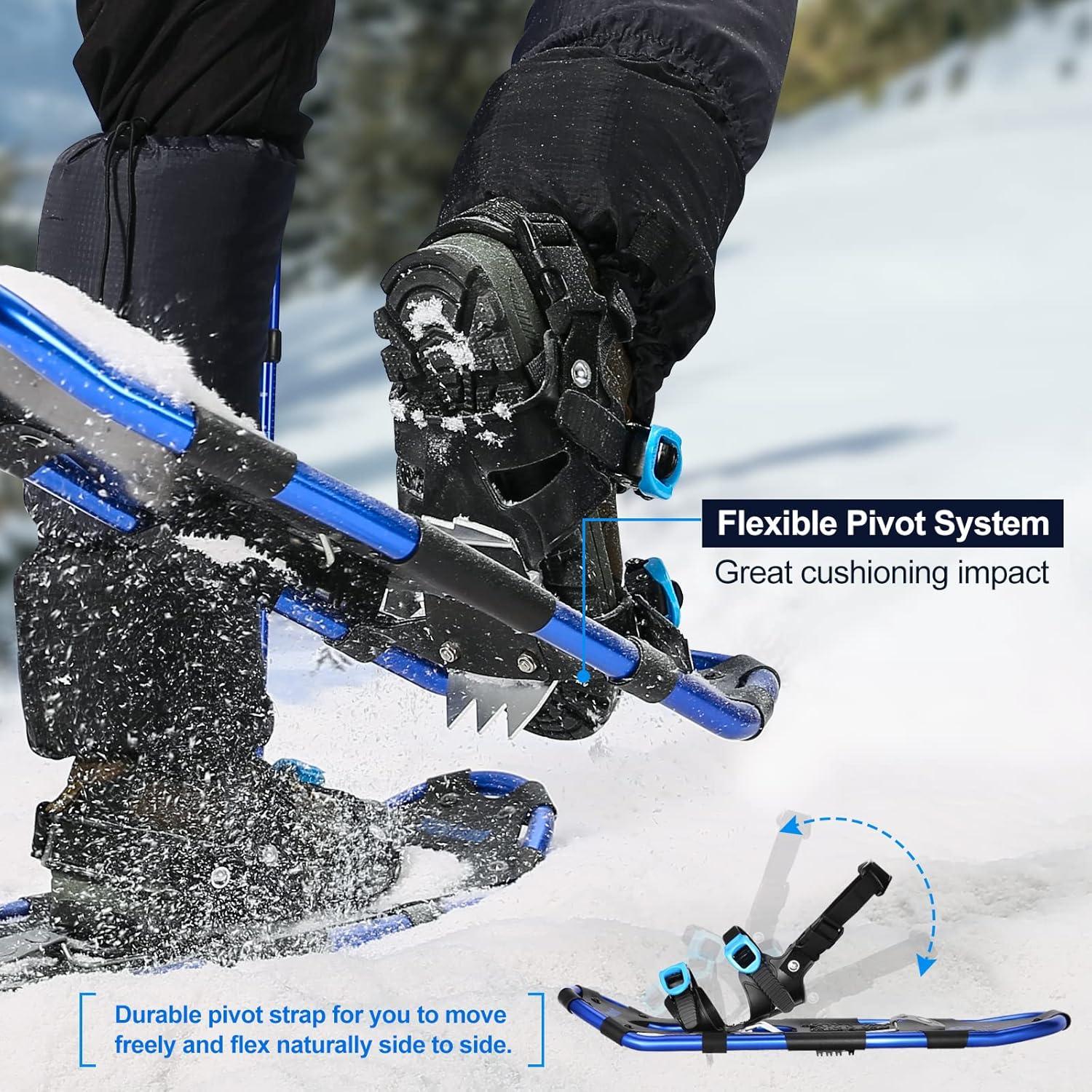 Odoland Schneeschuhe Set mit Steighilfe, Trekkingstöcken, Gamaschen - Blau S