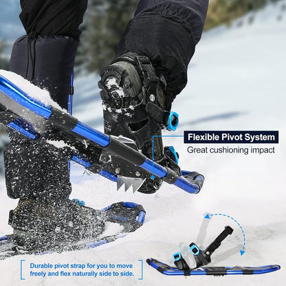 Odoland Schneeschuhe Set mit Steighilfe, Trekkingstöcken, Gamaschen - Blau S
