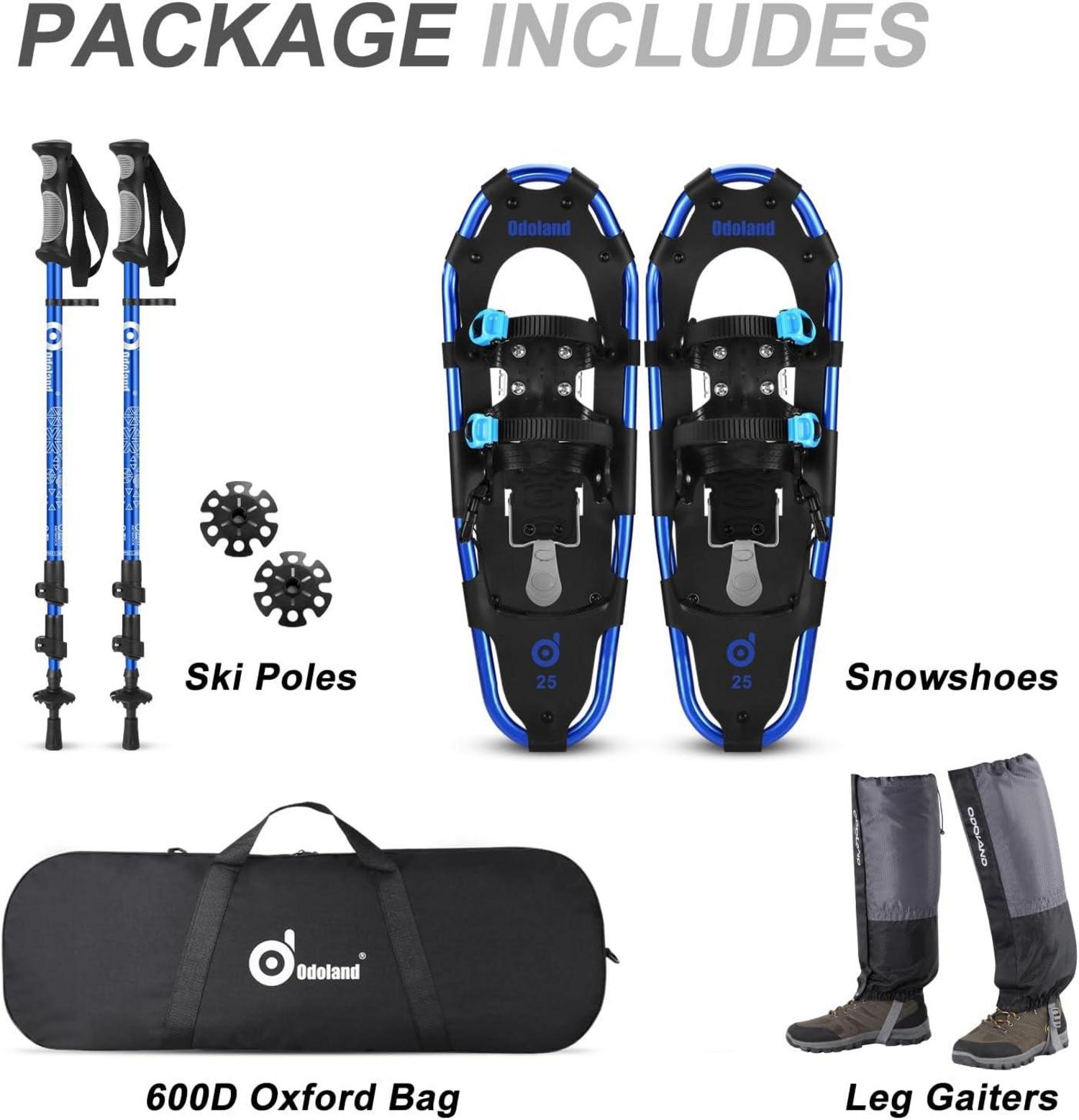 Odoland Schneeschuhe Set mit Steighilfe, Trekkingstöcken, Gamaschen - Blau S