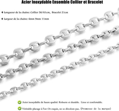AFSTALR Halskette Herren Edelstahl Kaffeebohne Armband Set Silber 56CM