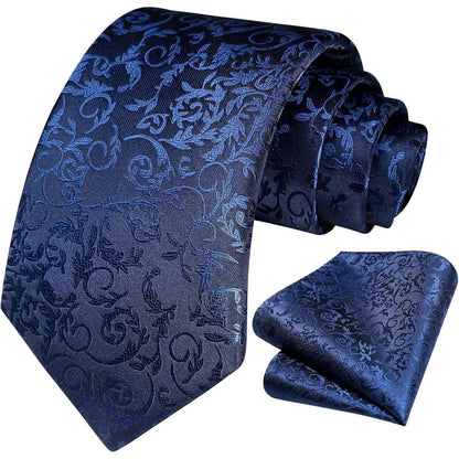 Herren Krawatten Set mit Einstecktuch Paisley D-Marineblau