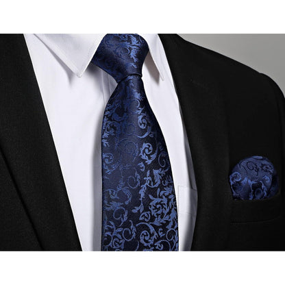 Herren Krawatten Set mit Einstecktuch Paisley D-Marineblau