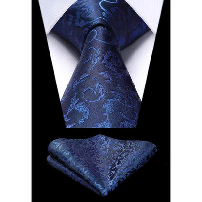Herren Krawatten Set mit Einstecktuch Paisley D-Marineblau