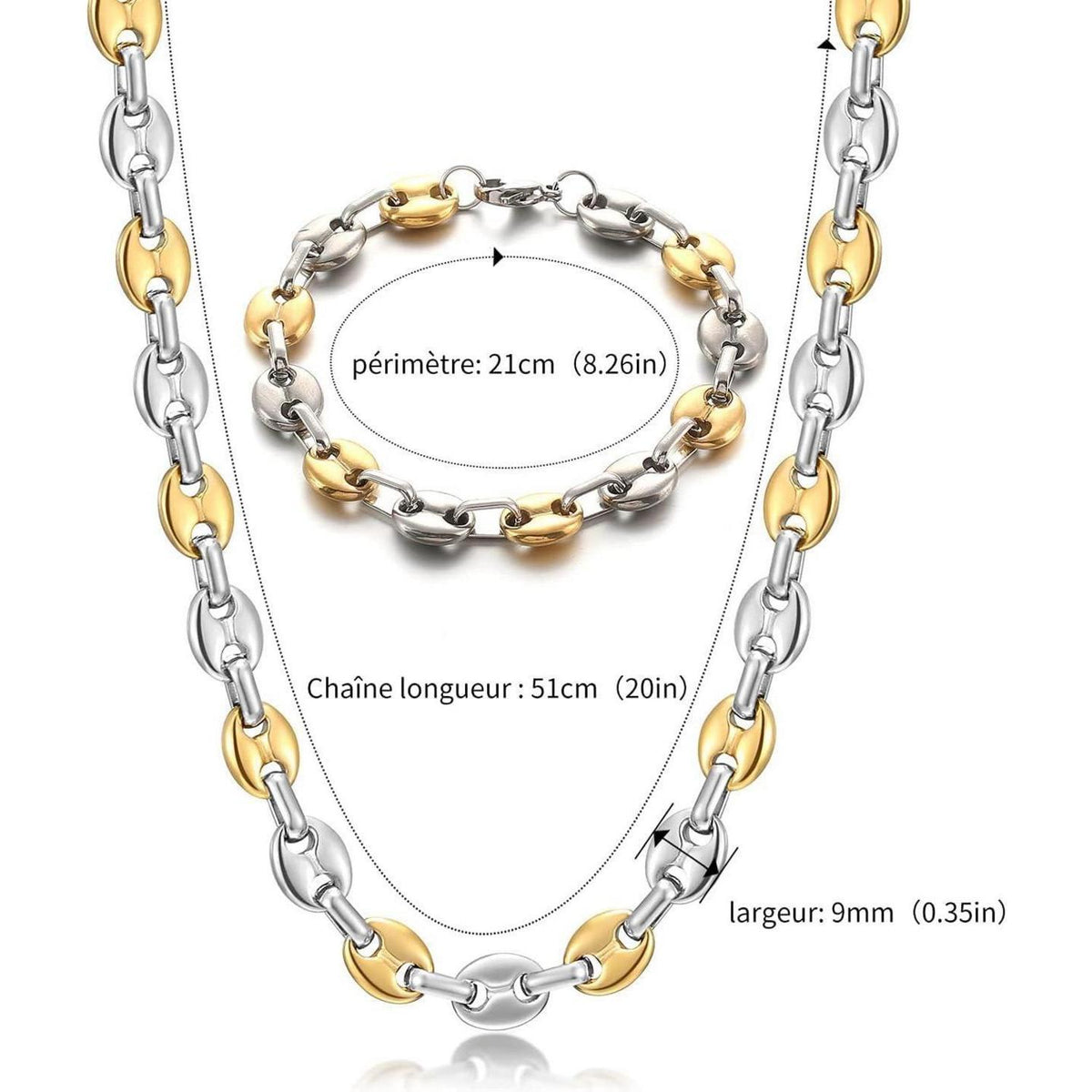 Herren Kaffeebohnen Kette & Armband Set Edelstahl 9mm 61cm Silber/Gold