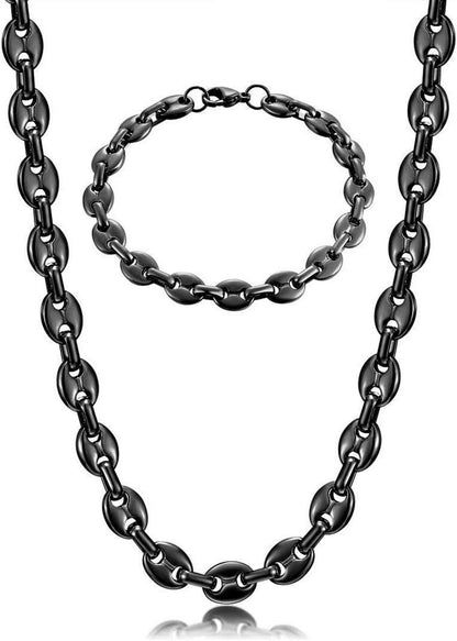 Halskette Edelstahl Kaffeebohne Armband Set Männer Hip Hop Schwarz