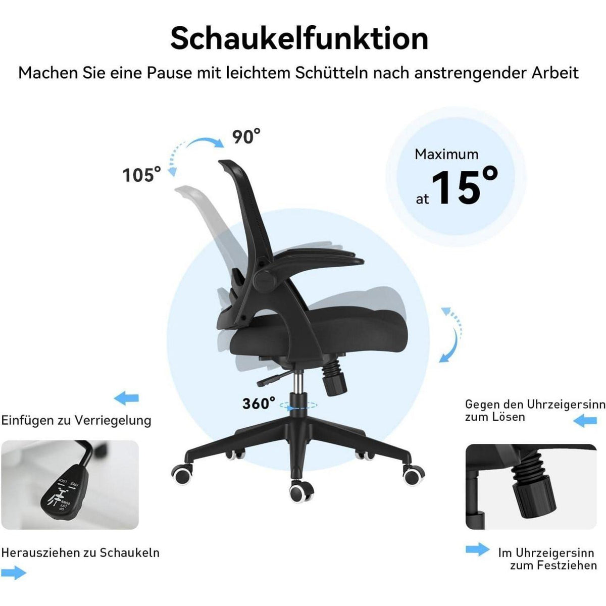 Ergonomischer Bürostuhl mit hochklappbaren Armlehnen, Schwarz