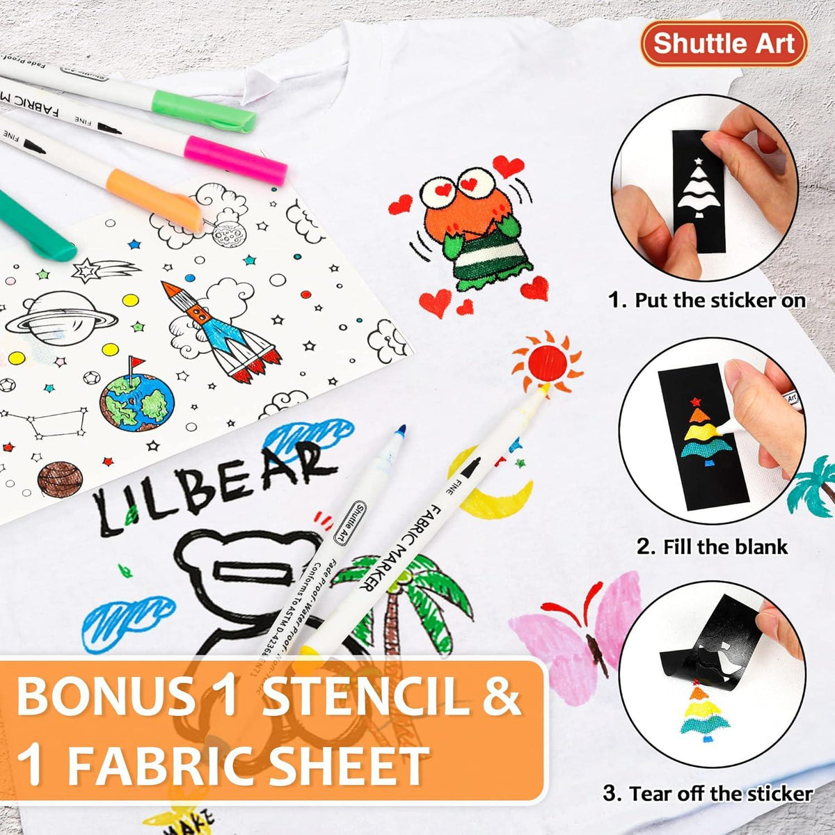 Textilstifte Set 28 Farben, waschmaschinenfest, mit Vorlagen und Leinwand, Stoffmarker für Kleidung, Schuhe, DIY
