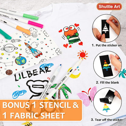 Textilstifte Set 28 Farben, waschmaschinenfest, mit Vorlagen und Leinwand, Stoffmarker für Kleidung, Schuhe, DIY