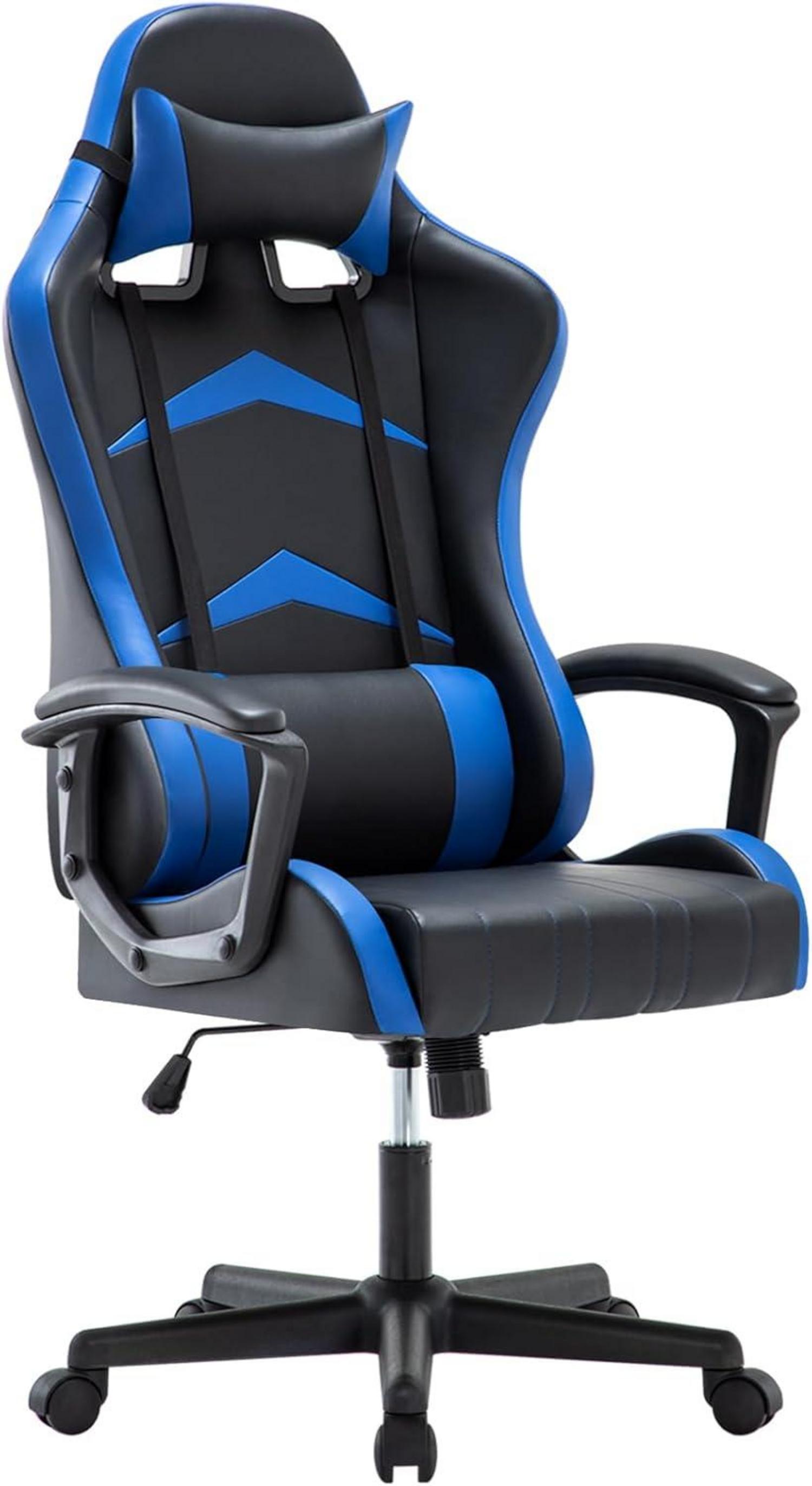 Ergonomischer Gaming Stuhl mit Verstellkissen, Racingstuhl, Blau 130cm
