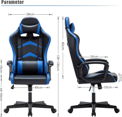 Ergonomischer Gaming Stuhl mit Verstellkissen, Racingstuhl, Blau 130cm
