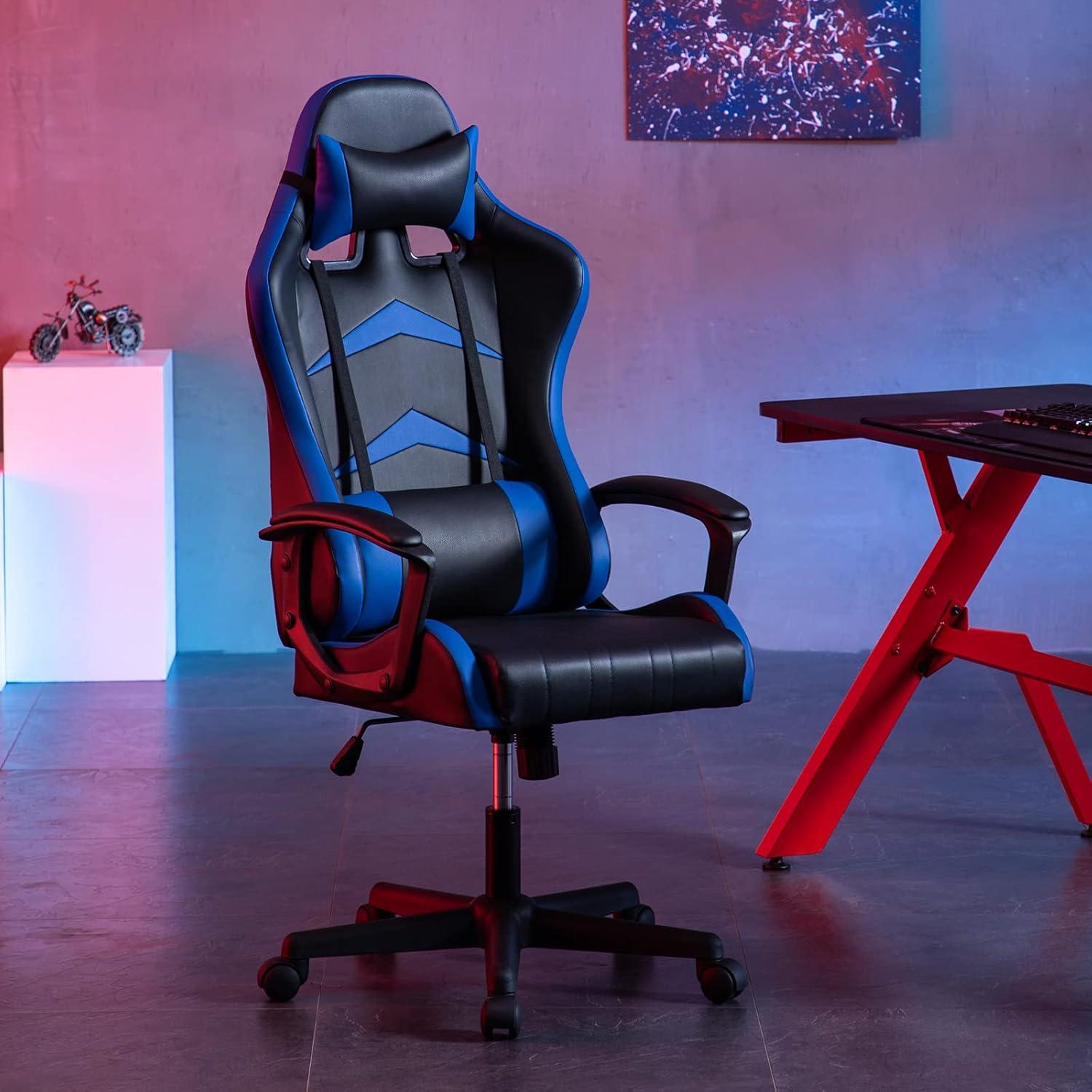 IntimaTe Gaming Stuhl mit Verstellbarem Kopfkissen und Lendenkissen (Blau) 52 x 49 x 130cm