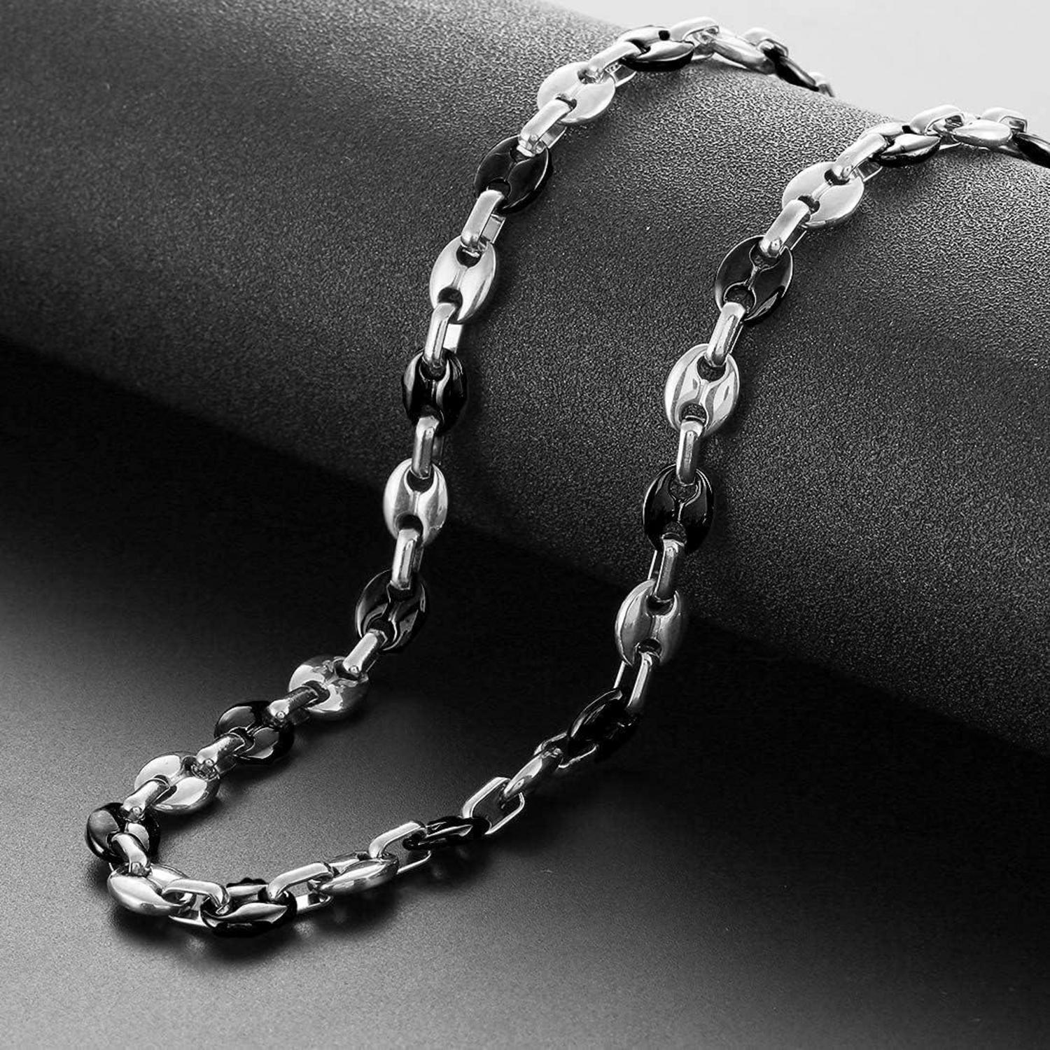 AFSTALR Kaffeebohne Halskette Armband Set Herren Edelstahl Silber Schwarz 6mm 56cm