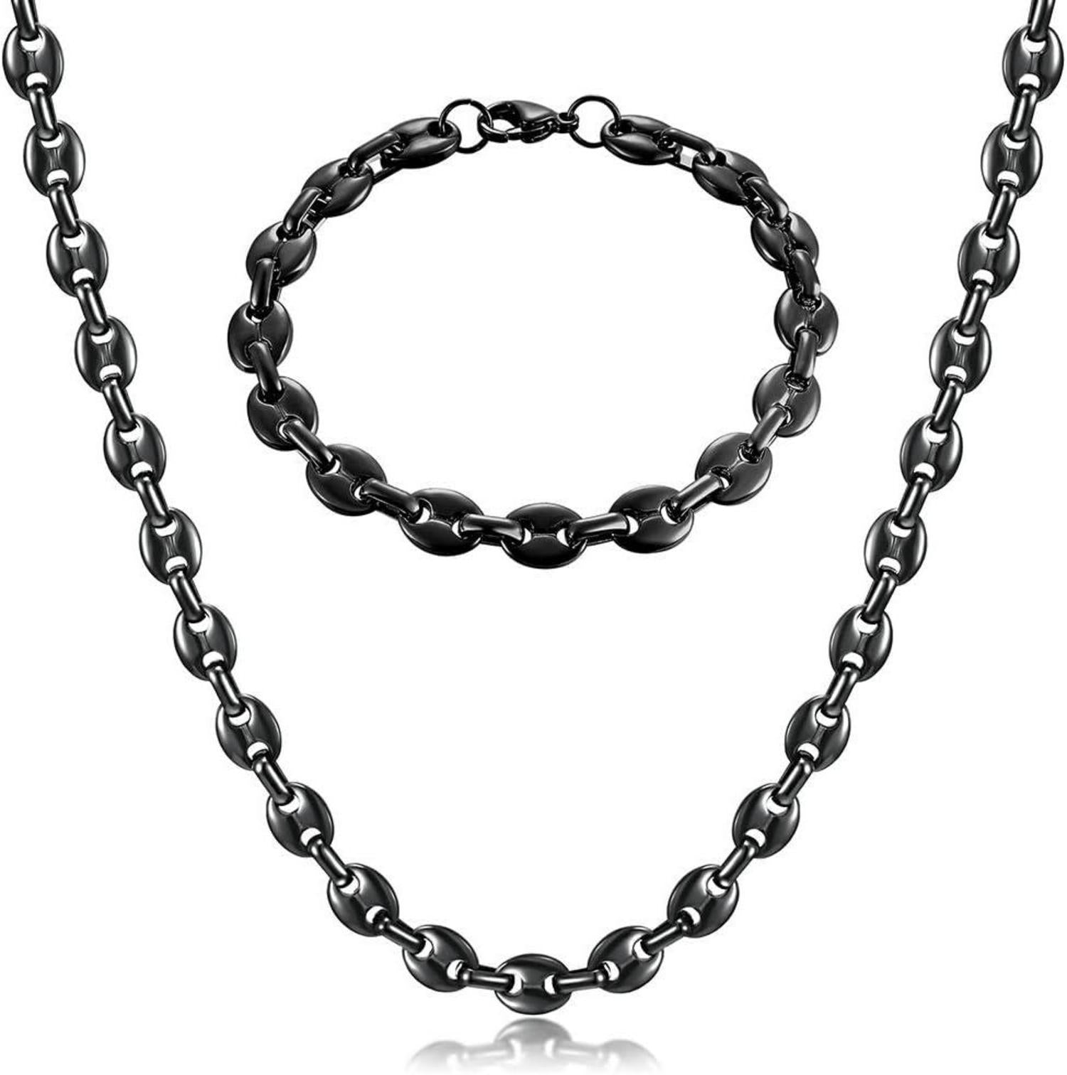 Herren Edelstahl Kaffeebohne Halskette Armband Set Silber Gold Schwarz