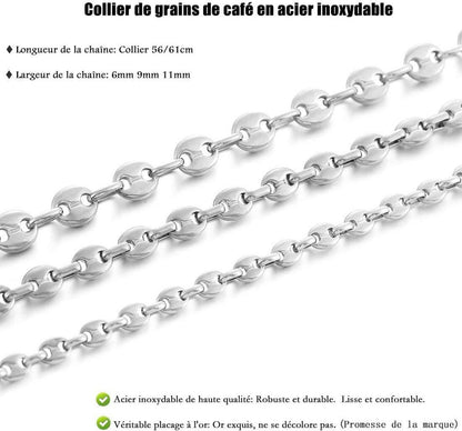 AFSTALR Kaffeebohnen-Halskette Herren Edelstahl 9mm Silber
