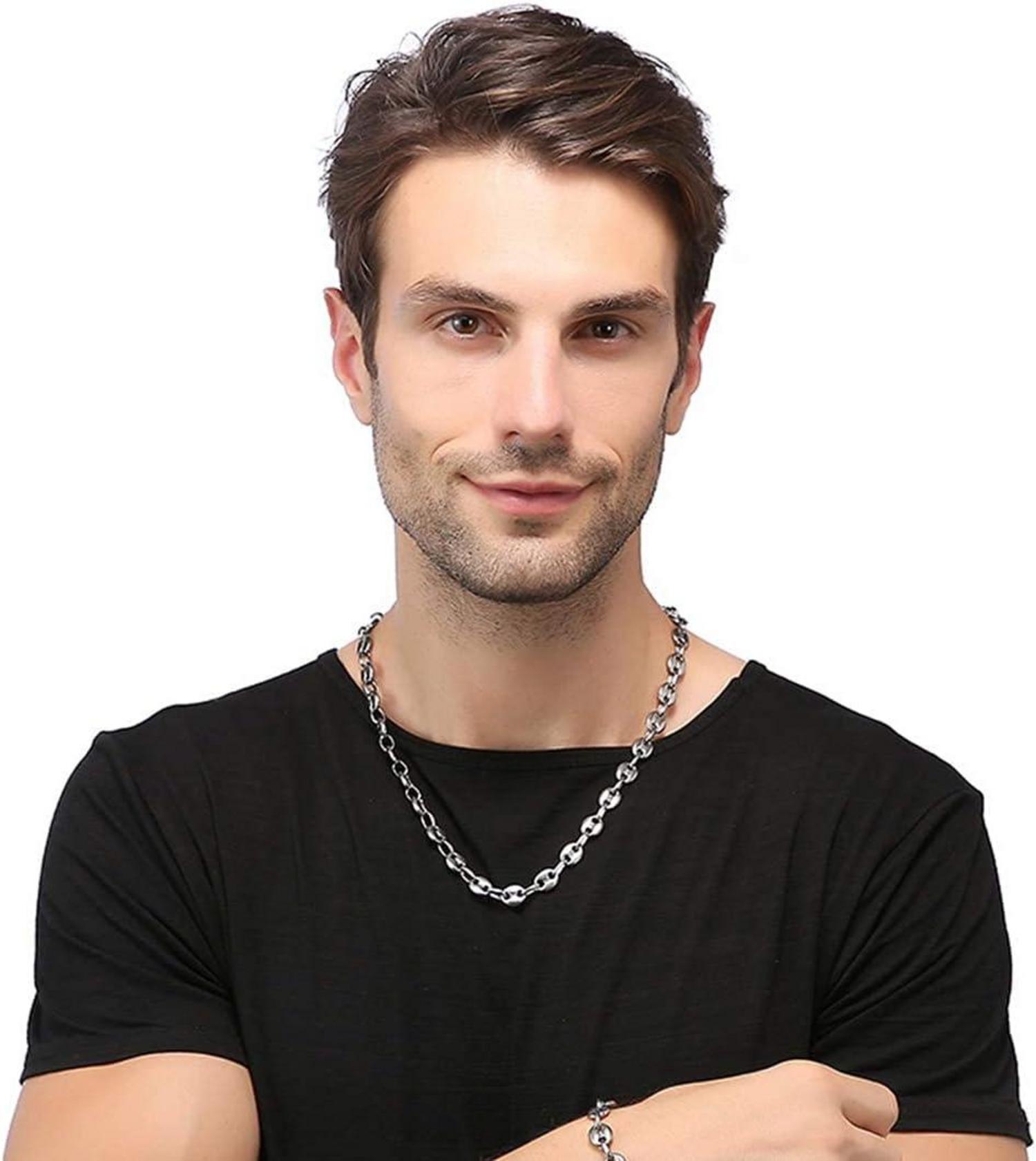 AFSTALR Kaffeebohne Halskette Herren Edelstahl 11mm Hip Hop Silber 61CM