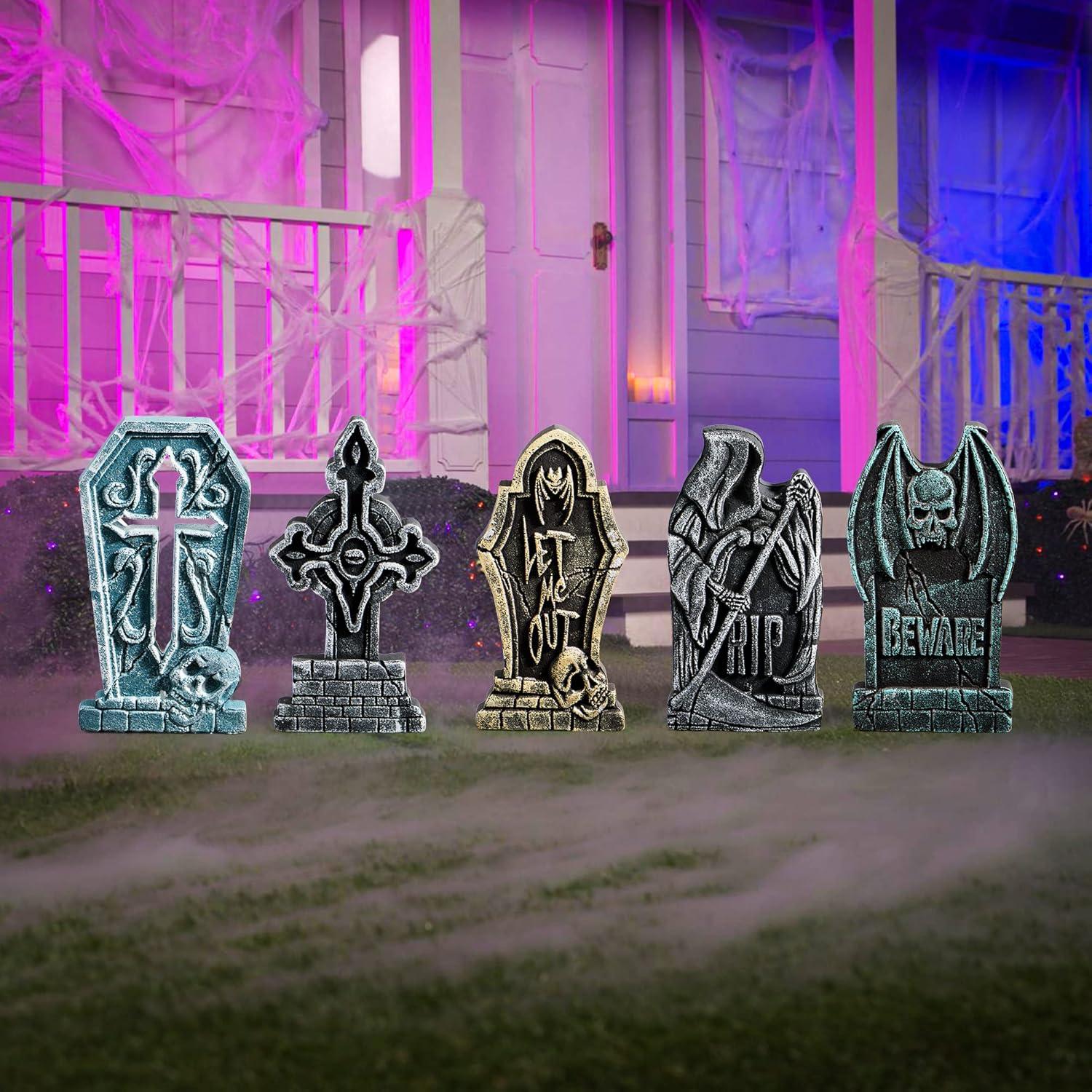 Halloween Grabstein Set 43cm Schaumstoff RIP 5er-Pack Metallpfähle