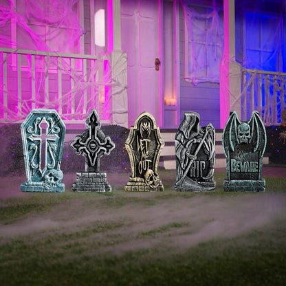 Halloween Grabstein Set 43cm Schaumstoff RIP 5er-Pack Metallpfähle