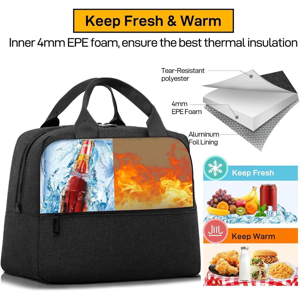 Isolierte Lunchtasche Schwarz – Groß, Wasserdicht & Wiederverwendbar