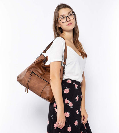 Große Damen Handtasche Leder Shopper Umhängetasche Braun