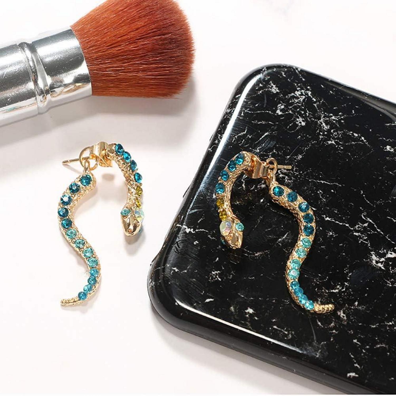 925 Silber Gold Set Creolen hängende Ohrringe Tierkreis-Schlangen-Diamant