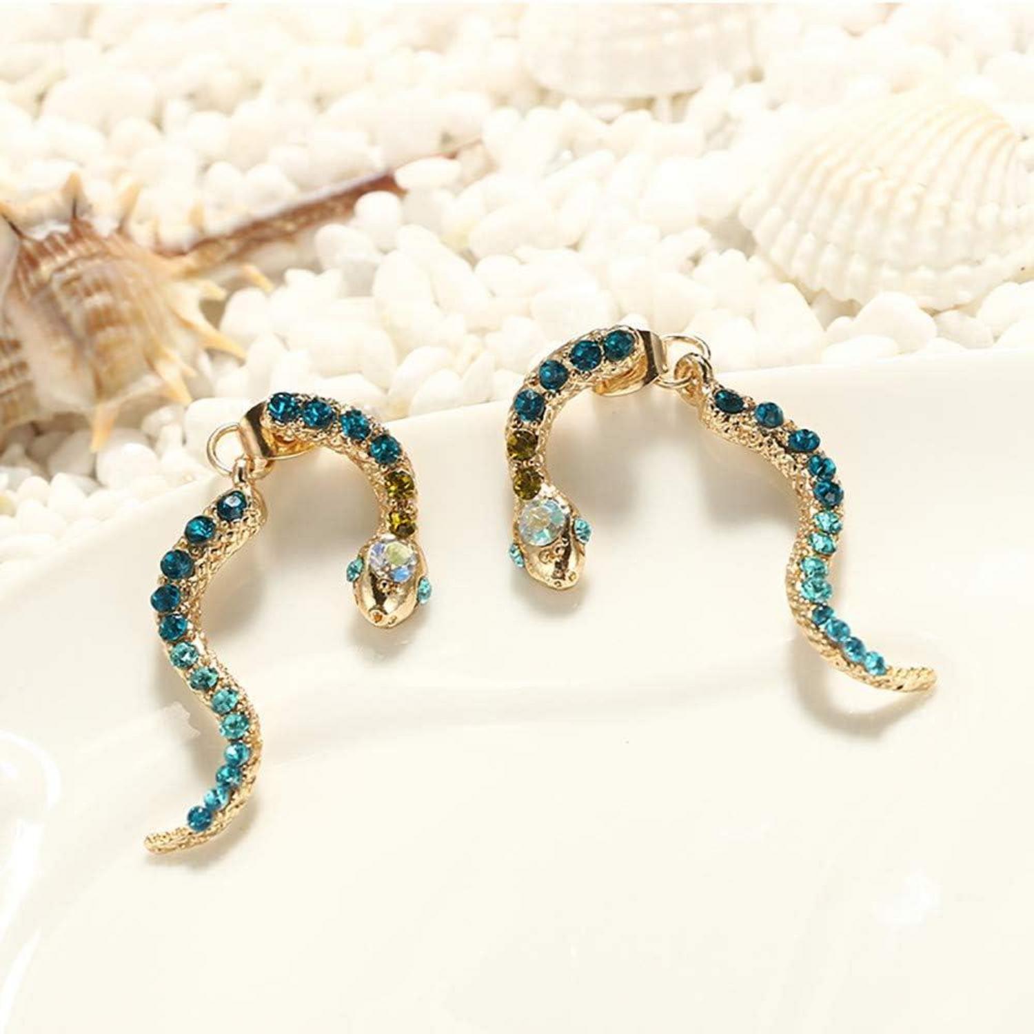 925 Silber Gold Set Creolen hängende Ohrringe Tierkreis-Schlangen-Diamant