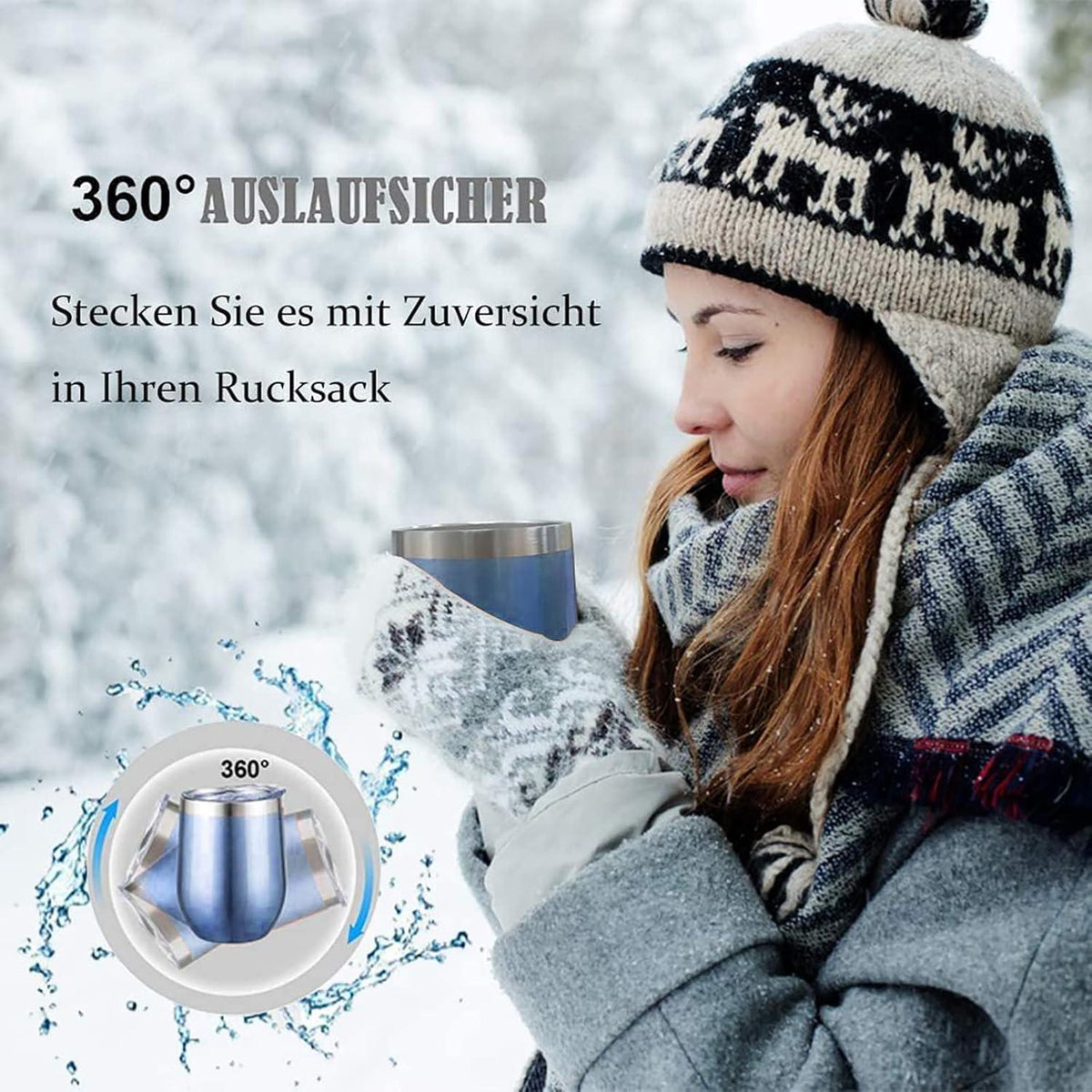 FloweryOcean 2er Set Edelstahl Weinbecher 12OZ, BPA-frei, doppelwandig isoliert, 5h heiß/ 10h kalt, Hellblau