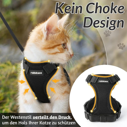 Katzengeschirr mit Leine Schwarz Softgeschirr verstellbar