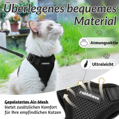 Katzengeschirr mit Leine Softgeschirr für Katze Brustgeschirr ausbruchsicher Schwarz XS