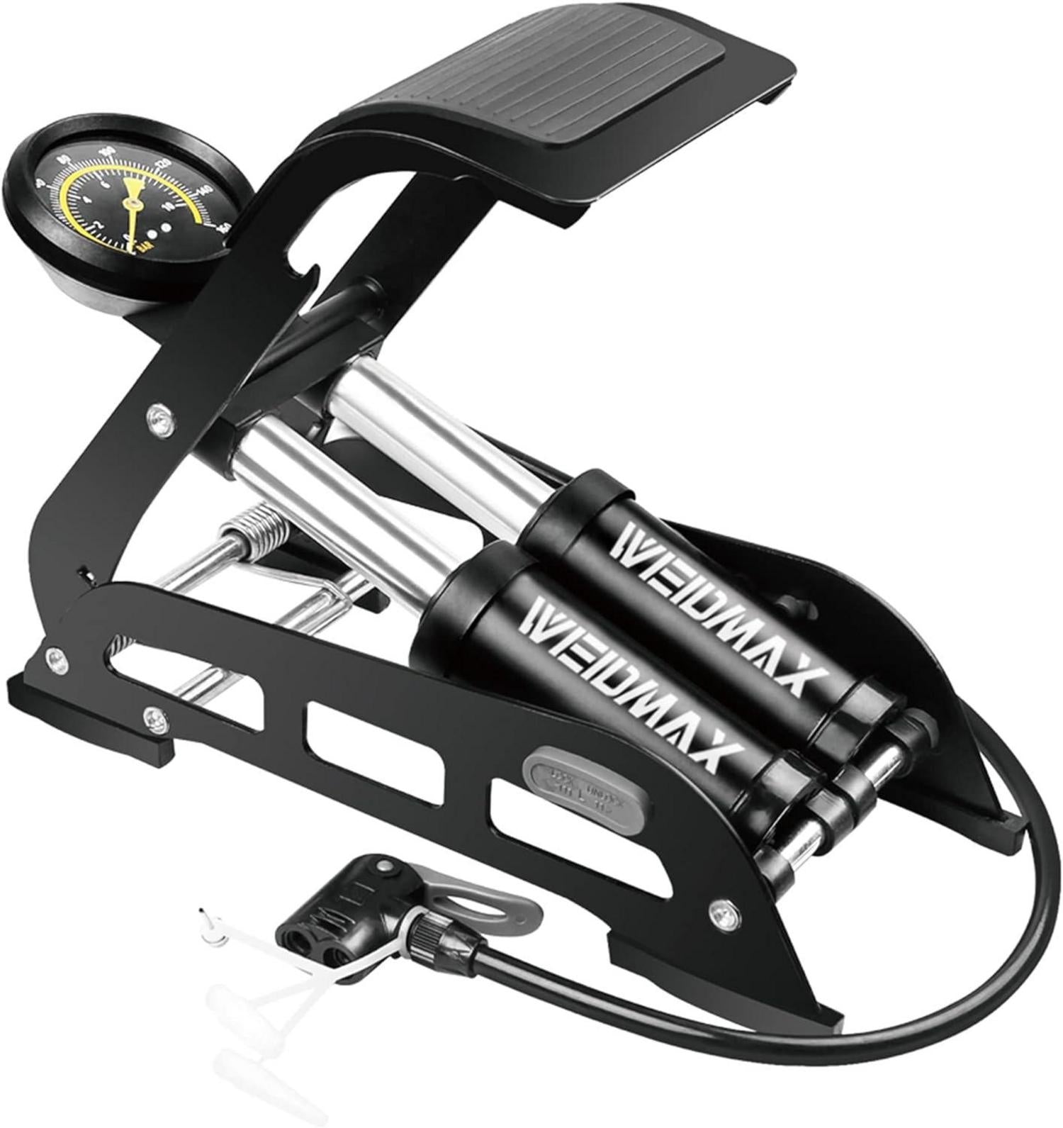Doppelzylinder-Fußpumpe für Fahrrad und mehr mit Manometer - Schwarz